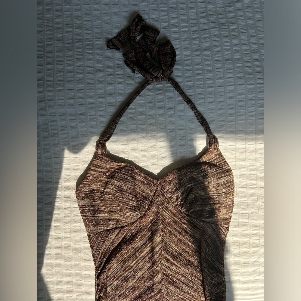 LE CHATEAU Vintage Halter Tie-up Brown and Gold Midi Dress - Picture 2 of 8